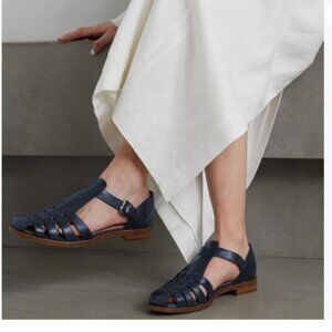 FSJ Navy Closed Toe Low Block Heel Woven Roman Ankle Strap Hollow Caged Sandals